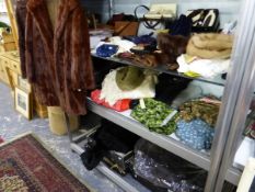 A LARGE COLLECTION OF VINTAGE CLOTHING, HANDBAGS, FUR JACKETS ETC.