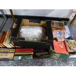 A QUANTITY OF VINTAGE BOARD GAMES AND JIGSAWS, A SMALL COLLECTION OF BOOKS, DEMASK TABLE LINENS ETC.