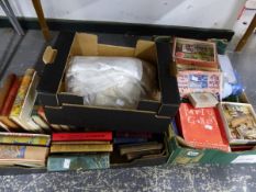 A QUANTITY OF VINTAGE BOARD GAMES AND JIGSAWS, A SMALL COLLECTION OF BOOKS, DEMASK TABLE LINENS ETC.