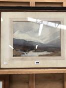 L.M. POWELL, EARLY 20th.C SCHOOL, TWO HIGHLAND VIEWS, SIGNED, WATERCOLOURS, 26 x 36cms, TOGETHER