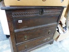 A 17th C. OAK SMALL RISING TOP COFFERETTE WITH TWO DRAWERS .