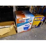 A BOXED MINI WASHING MACHINE, MANGLE AND PATIO CLEANER