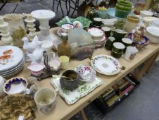 VARIOUS POTTERY JELLY MOULDS, TEA AND COFFEE WARES, AN IMARI BOWL, A PAPIER MACHE PANEL PAINTED WITH