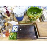 A RUBY GLASS OVERLAY DECANTER, BOXED SHERRY GLASSES, A POTTERY PLANTER, A SLOP PAIL, STEEL