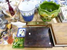 A RUBY GLASS OVERLAY DECANTER, BOXED SHERRY GLASSES, A POTTERY PLANTER, A SLOP PAIL, STEEL