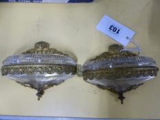 A PAIR OF ORMOLU MOUNTED GLASS WALL POCKETS.