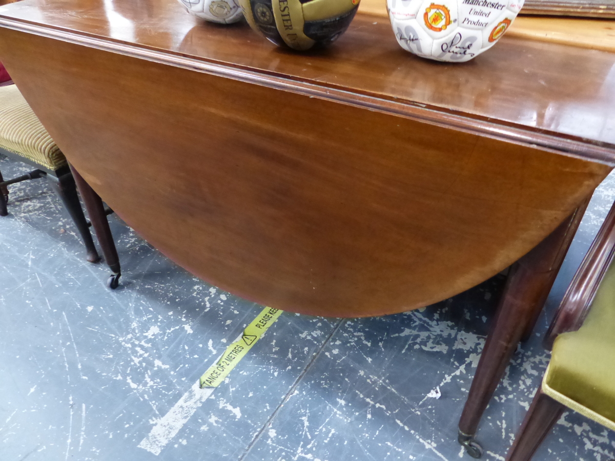 A 19th C. MAHOGANY DROP LEAF DINING TABLE.