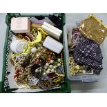 A LARGE COLLECTION OF VINTAGE, RETRO AND MODERN COSTUME JEWELLERY, EVENING PURSES, BEADS, ETC.