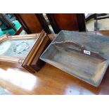 AN ANTIQUE CUTLERY TRAY AND A MODERN WALL CLOCK.