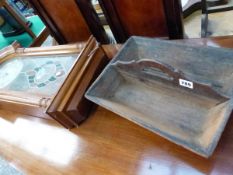 AN ANTIQUE CUTLERY TRAY AND A MODERN WALL CLOCK.