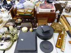 TWO ANTIQUE PRAT WARE POT LIDS, SLATE PLACEMATS, BOOK STAND, ETC.