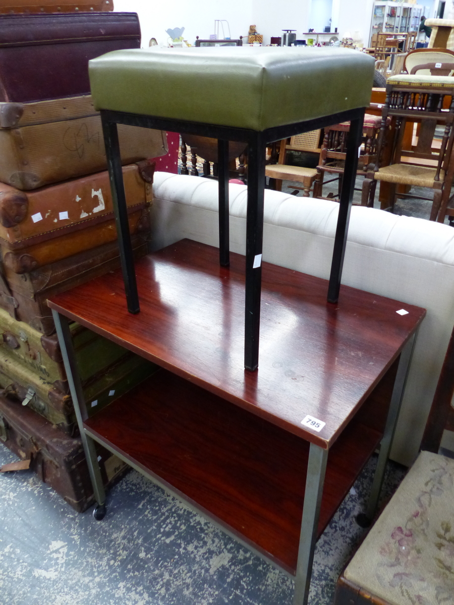 A RETRO STOOL AND TEA TROLLEY.