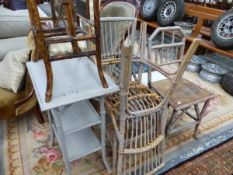 THREE PAINTED BAMBOO CHAIRS, A SIDE TABLE AND A MAGAZINE RACK.