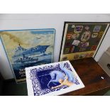 A FRAMED COLLECTION OF CLOTH BADGES, AND A SENIOR SERVICE ADVERT AND AN ENAMELLED IRON DECORATIVE