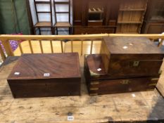 A 19th C. BRASS BOUND MAHOGANY WRITING SLOPE TOGETHER WITH TWO MAHOGANY BOXES