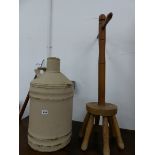 A LARGE PAINTED BRASS FUEL CAN TOGETHER WITH A VINTAGE WASH DOLLY.