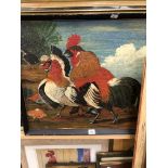 A DECORATIVE OIL PAINTING OF COCKERELS TOGETHER WITH OTHER PICTURES OF VARIOUS BIRDS SOME SIGNED