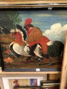 A DECORATIVE OIL PAINTING OF COCKERELS TOGETHER WITH OTHER PICTURES OF VARIOUS BIRDS SOME SIGNED