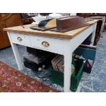 A VINTAGE AND LATER PAINTED PINE BASED SCULLERY TABLE. W 150 X D 98 X H 70cms.