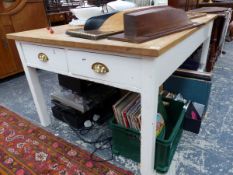 A VINTAGE AND LATER PAINTED PINE BASED SCULLERY TABLE. W 150 X D 98 X H 70cms.