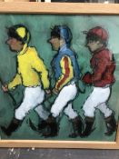 AFTER CHARLOTTE LYON, A COLOUR PRINT ENTITLED THREE JOCKEYS, 75 x 75cms