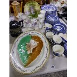A WILLOW PATTERN PART DINNER SERVICE, DRESSING TABLE SET, HAND PAINTED PLATE ETC.