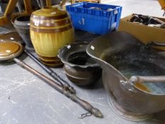 A COPPER COAL SCUTLLE, TWO WARMING PANS, A PLANTER, A COOPERED BUCKET AND A STONE WARE BARREL