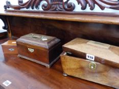 TWO 19th C. TEA CADDYS AND A SMALL MONEY BOX.