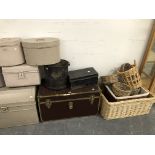 A COLLECTION OF BASKETS, TRUNKS AND PAINTED TIN HAT BOXES