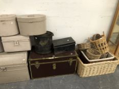 A COLLECTION OF BASKETS, TRUNKS AND PAINTED TIN HAT BOXES
