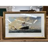 A PENCIL SIGNED LIMITED EDITION COLOUR PRINT OF THE QUEEN MARY AFTER ROBERT TAYLOR 58 x 97cns