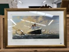 A PENCIL SIGNED LIMITED EDITION COLOUR PRINT OF THE QUEEN MARY AFTER ROBERT TAYLOR 58 x 97cns