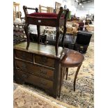 A LEATHER INSET MAHOGANY CHEST OF DRAWERS, A 20th C. MAHOGANY DEMILUNE TABLE TOGETHER WITH A