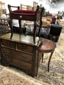 A LEATHER INSET MAHOGANY CHEST OF DRAWERS, A 20th C. MAHOGANY DEMILUNE TABLE TOGETHER WITH A