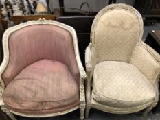 TWO FRENCH PAINTED WOOD FAUTEUILS BOTH ON FLUTED TAPERING CYLINDRICAL LEGS