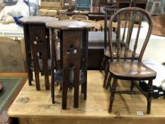 TWO CHILDRENS STICK BACK CHAIRS TOGETHER WITH A PAIR OF ARTS AND CRAFTS OAK OCTAGONAL TOPPED TWO