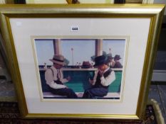 A SIGNED JACK VETTRIANO PRINT, A MIRROR AND A PRESSED LEFT DISPLAY.