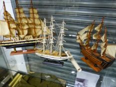 THREE MODEL THREE MASTED SHIPS, THE GUNBOAT AND TE LARGEST IN FULL SALE