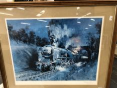 AFTER TERRACE CUNEO, A PENCIL SIGNED LIMITED EDITION COLOUR PRINT OF A STEAM TRAIN, 50 x 64cms.