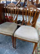 A PAIR OF SHERETON STYLE INLAID SATIN WOOD SHIELD BACK CHAIRS.