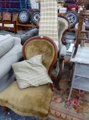 A VICTORIAN SHOW FRAME ARMCHAIR, A NURSING CHAIR AND A PRIE DIEU