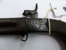 A 19th C. PERCUSSION TURNOVER BARREL POCKET PISTOL, BY INSFIELD LONDON.