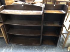 TWO 20th C. OPEN BOOKCASES TOGETHER WITH A TWO COMPARTMENT MAGAZINE RACK