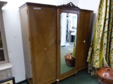 A THREE DOOR INLAID MAHOGANY WARDROBE RETAILED BY HARRODS, LONDON. W 187 X H 200cms.