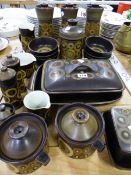 DENBY STONEWARES FOR THE KITCHEN AND BREAKFAST TABLE, TO INCLUDE: SIX COVERED STORAGE JARS,