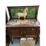 A MARBLE TOPPED MAHOGANY WASHSTAND WITH GREEN TILED BACK. W 99 x D 46 x H 124cms.