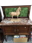 A MARBLE TOPPED MAHOGANY WASHSTAND WITH GREEN TILED BACK. W 99 x D 46 x H 124cms.