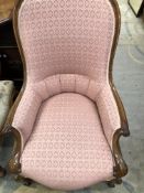 A VICTORIAN MAHOGANY SHOW FRAME NURSING CHAIR TOGETHER WITH AN EDWARDIAN MARQUETRIED MAHOGANY