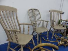 THREE ANTIQUE KITCHEN ARM CHAIRS WITH LATER PAINTED DECORATION.