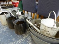 A COLLECTION OF GALVANIZED WATERING CANS, TIN BATHS ETC.